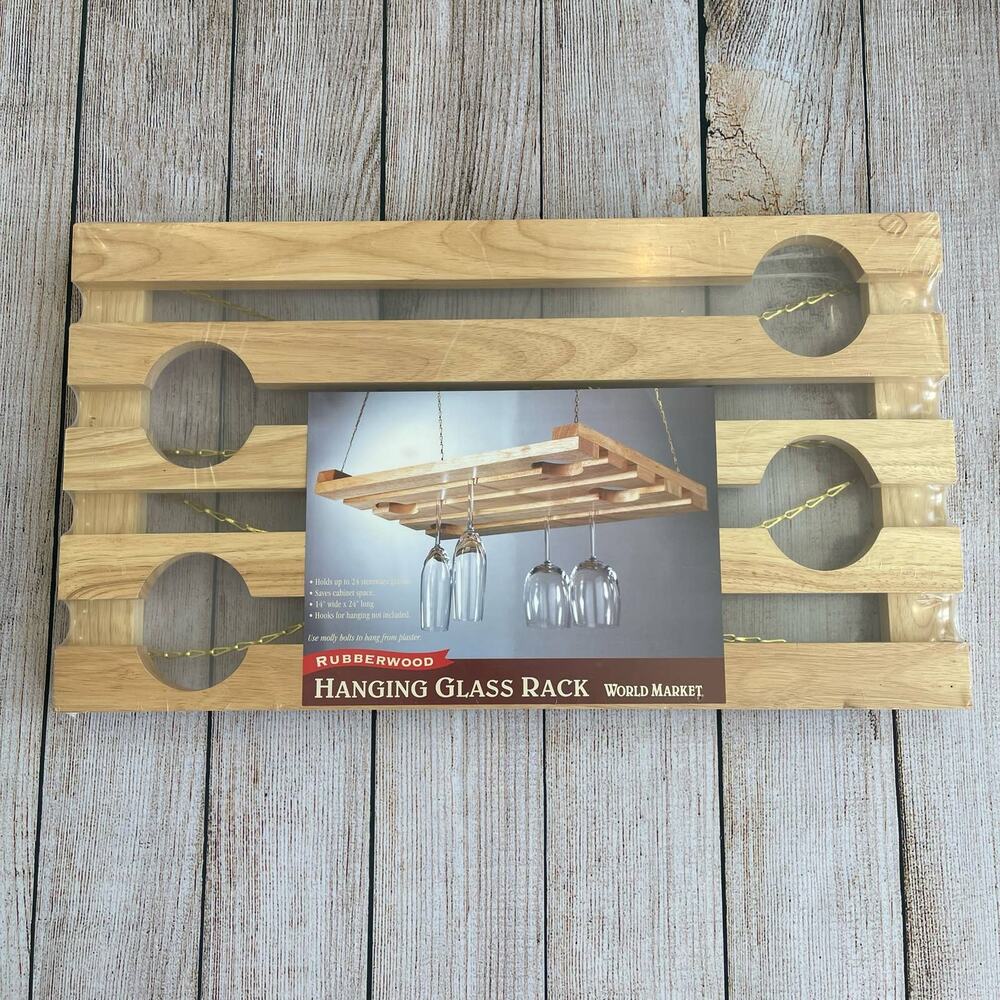 World Market Rubberwood Hanging Wine Glass Rack Stemware Holder 24 Glasses